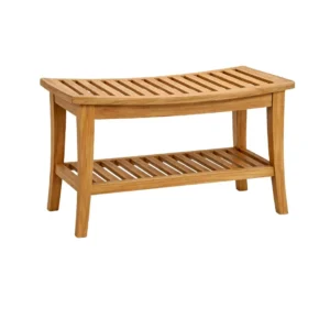 Curved Teak Stool Korin with slatted seat and lower storage shelf crafted from premium solid teak wood