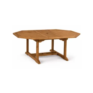 Expandable Dining Table Nesto made from solid teak wood with expandable octagonal tabletop for outdoor dining and hospitality spaces