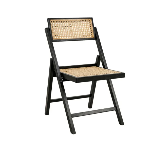 Montrix foldable rattan chair with black wooden frame and natural woven rattan seat and backrest