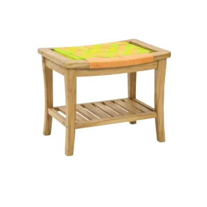 Kelvo Teak Storage Stool with woven seat and lower storage shelf made from solid teak wood
