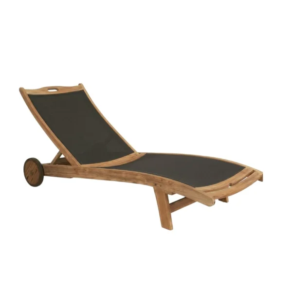 Luxury Mesh Lounger Orvia with teak wood frame and breathable black mesh outdoor seating