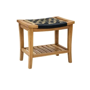 Morven Teak Storage Stool with woven seat detail and lower storage shelf