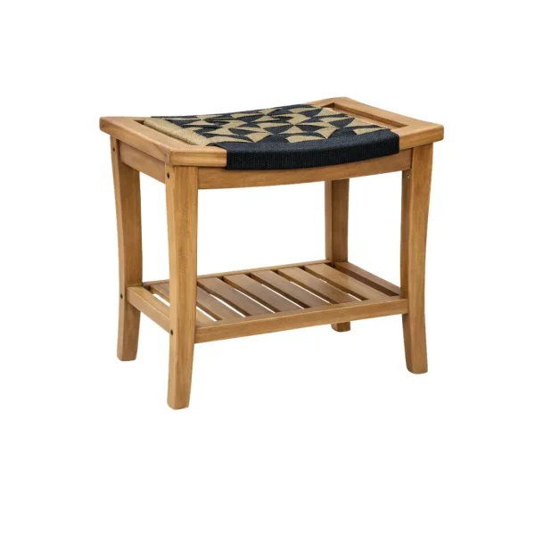 Morven Teak Storage Stool with woven seat detail and lower storage shelf