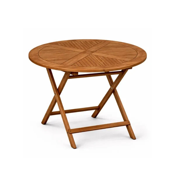 Orvik Folding Bistro Table with round teak tabletop and foldable wooden base