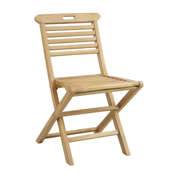 Portable Teak Chair Kenvy with folding solid teak wood frame and integrated carry handle