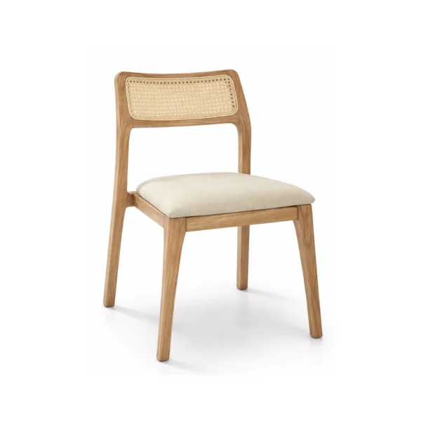 Rattan dining chair Evara with solid wood frame, woven natural rattan backrest, and upholstered seat cushion for contemporary interiors