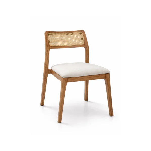 Rattan dining chair Solin with solid wood frame, woven natural rattan backrest, and upholstered seat for contemporary interiors