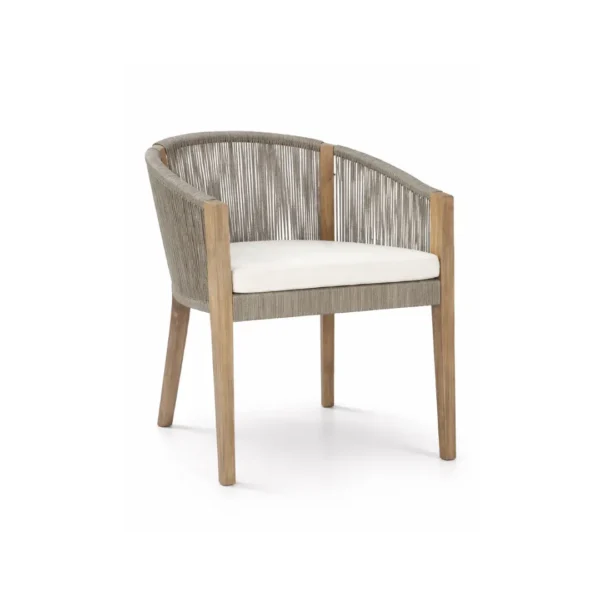 Rope-Arm-Chair-Liora-Natural Rope arm chair Liora with solid wood frame, curved handwoven rope backrest, and upholstered seat cushion for modern interiors