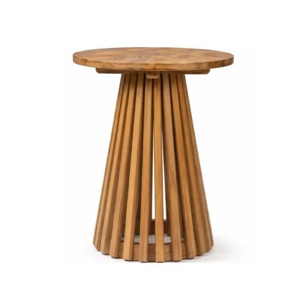 Round Bistro Table Zara made from solid teak wood with a sculptural slatted pedestal base for hospitality and outdoor dining spaces