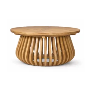 Round Coffee Table Vela made from solid teak wood with a sculptural curved slatted pedestal base for indoor and outdoor spaces