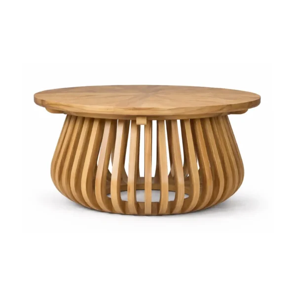 Round Coffee Table Vela made from solid teak wood with a sculptural curved slatted pedestal base for indoor and outdoor spaces