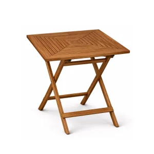 Rovik Teak Folding Table with square geometric teak tabletop and folding wooden frame