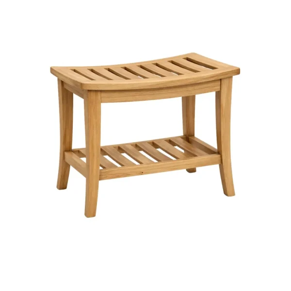 Selka Teak Shower Bench with storage shelf crafted from solid teak wood