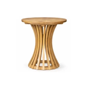 Teak Bar Table Orin made from solid teak wood with a round tabletop and sculptural pedestal base for outdoor hospitality spaces