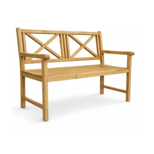 Mirel solid teak garden bench with decorative cross-back backrest and armrests in natural teak finish