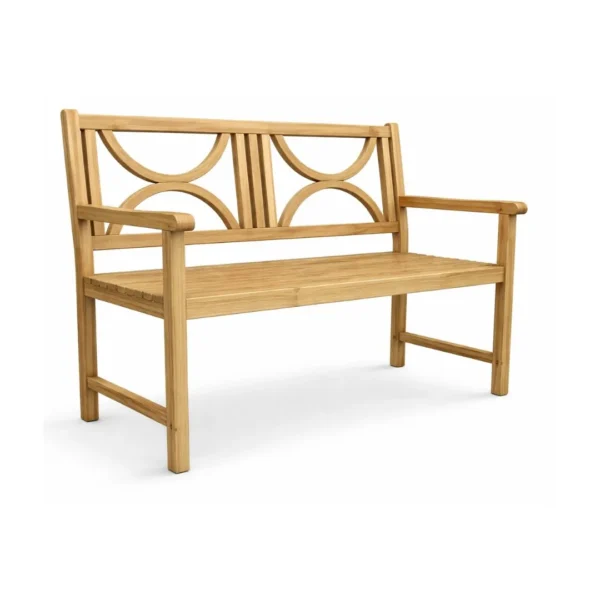 Teak Garden Bench Renzo Decorative Design Renzo solid teak garden bench with decorative circular backrest design and armrests in natural teak finish
