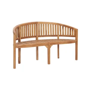 Selvia solid teak garden bench with curved backrest and slatted seat in natural teak finish