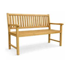 Teak Garden Bench Soren made from solid teak wood with slatted backrest and armrests for outdoor seating areas