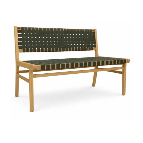 Teak Rattan Bench Elvaro made from solid teak wood with woven strap seat and backrest for outdoor hospitality spaces