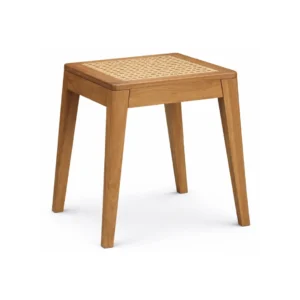 Teak Rattan Stool Miko made from solid teak wood with a woven rattan seat for residential and hospitality spaces