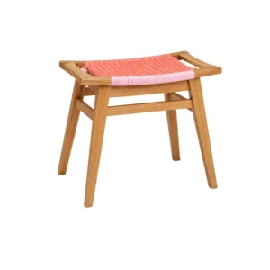 Teak Stool Luma made from solid teak wood with a colorful handwoven seat for indoor and outdoor seating spaces