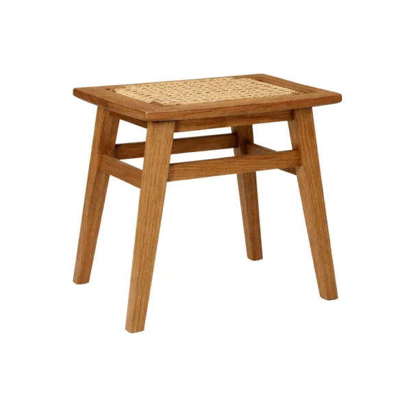 Teak Stool Nara made from solid teak wood with a woven natural rattan seat for indoor and hospitality spaces