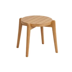 Teak Stool Sora made from solid teak wood with a round slatted seat for indoor and outdoor hospitality spaces