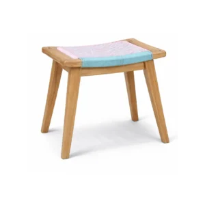 Teak Stool Vira made from solid teak wood with a colorful handwoven seat for indoor and outdoor seating spaces
