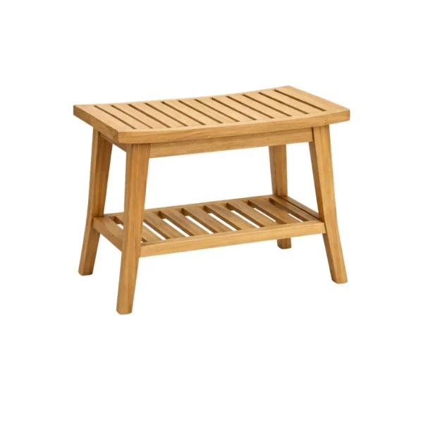 Teak Utility Stool Velka with lower storage shelf crafted from premium solid teak wood