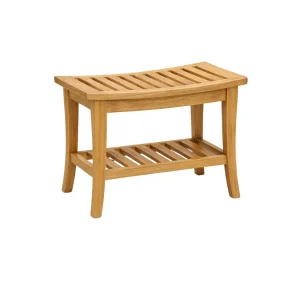 Torin Teak Shower Bench with lower storage shelf made from solid teak wood