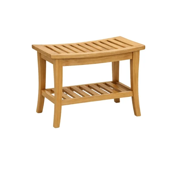 Torin Teak Shower Bench with lower storage shelf made from solid teak wood