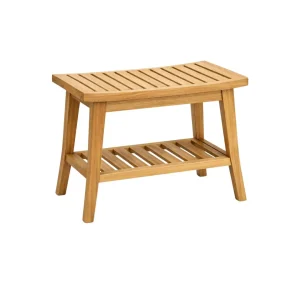 Velka Teak Shower Bench made from solid teak wood with lower storage shelf