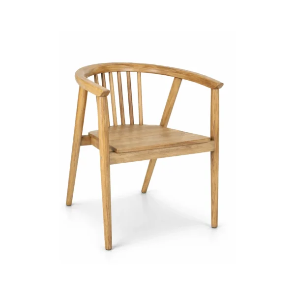 Wooden arm chair Aeris with solid wood frame, curved armrests, and spindle backrest for modern dining interiors