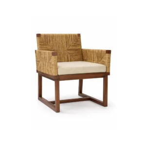 Woven arm chair Sava with solid wood frame, natural woven panels, and upholstered cushion for contemporary interiors