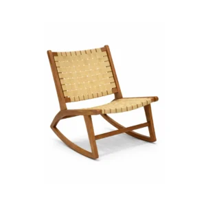 Woven rocking chair Rena with solid wood frame and woven strap seat for modern and natural interior spaces