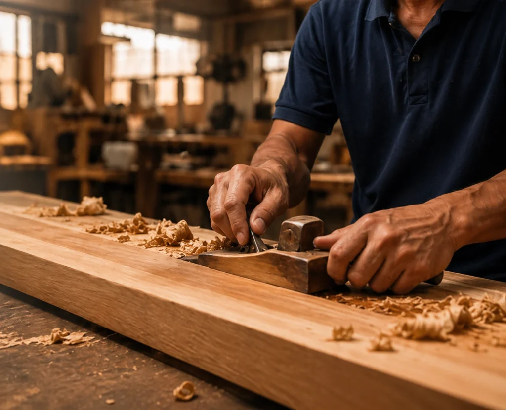 Skilled craftsman producing custom teak wood furniture in Indonesia for international export projects