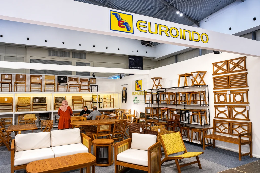 Euroindo Jaya exhibition booth displaying premium teak furniture and handcrafted collections in Indonesia