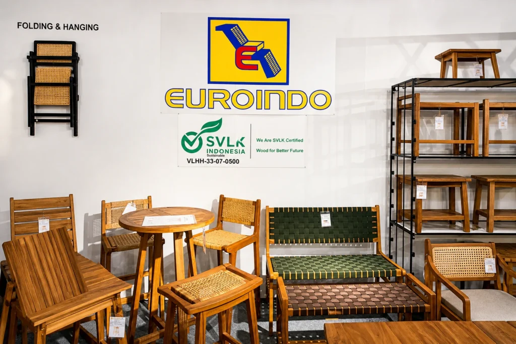 SVLK certified teak furniture products displayed at Euroindo Jaya exhibition booth
